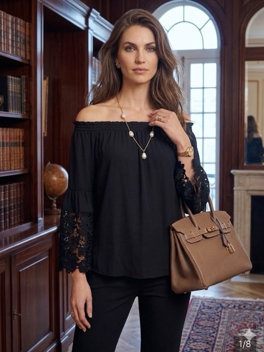 Joseph Ribkoff Off-Shoulder Black Lace Bell Sleeve Women's Top